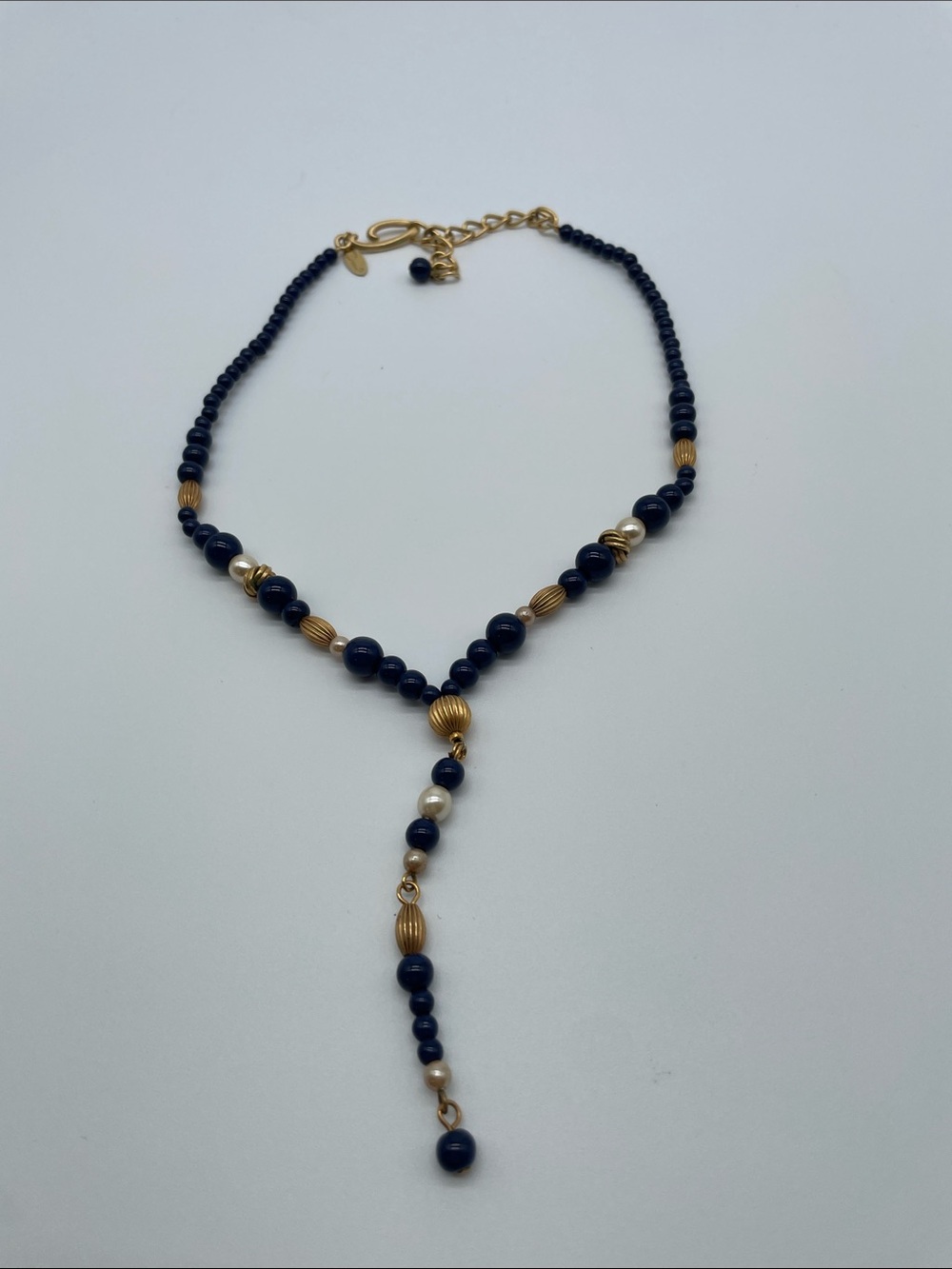 Oscar de la Renta Navy and Gold Beaded Y‑Drop Necklace